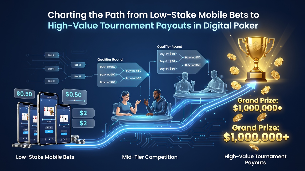 Tournament leaderboard screen on a mobile device showing advancing players in a digital poker event