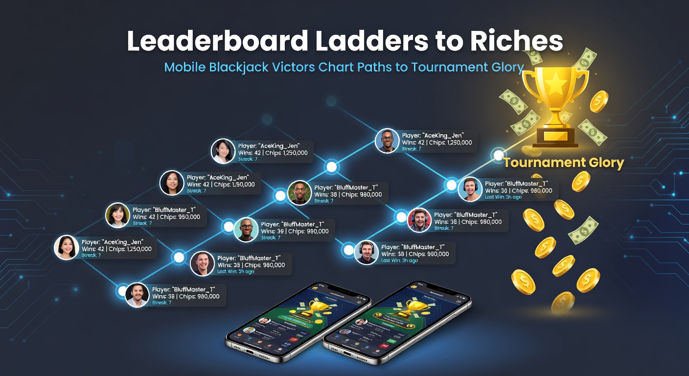Screenshot of a mobile blackjack tournament bracket with winners advancing from leaderboard qualifiers, prizes cascading down