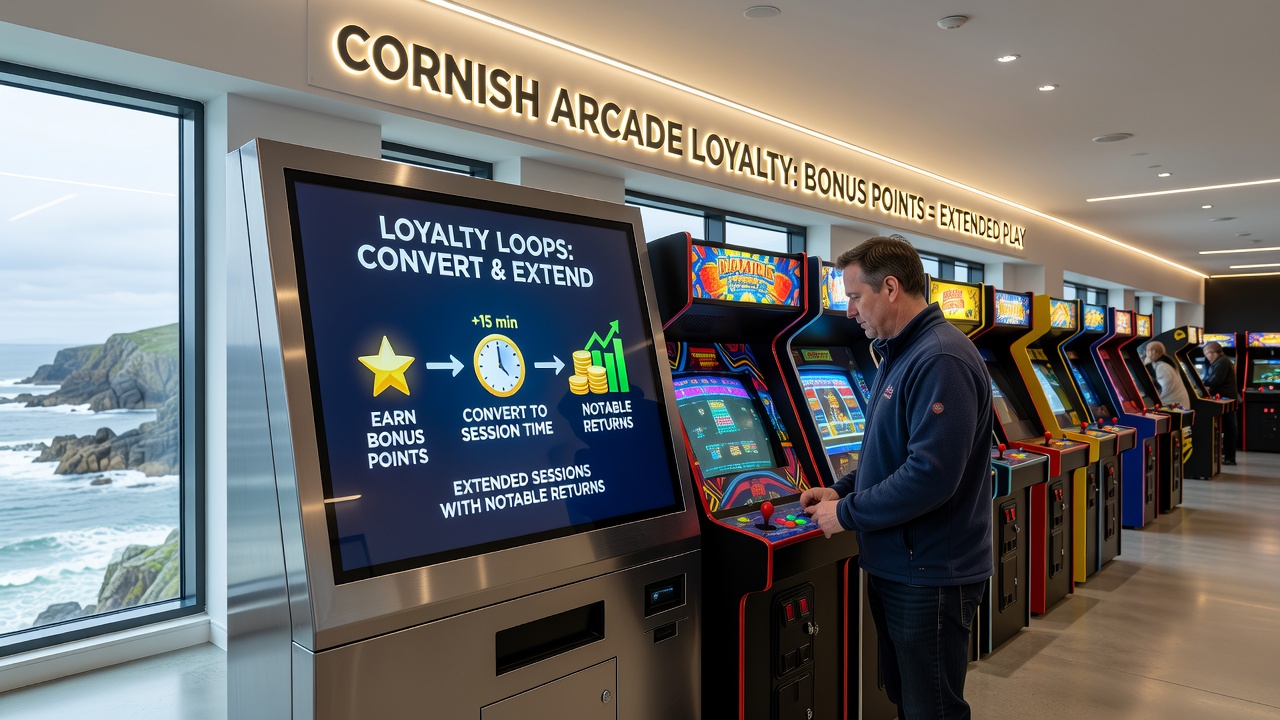 Close-up of an arcade loyalty terminal screen displaying accumulated points and redemption options for extended play credits