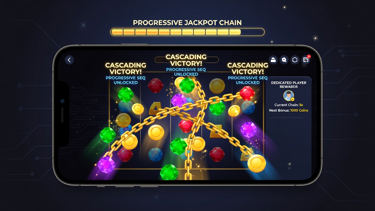 Close-up view of cascading reel mechanics in a mobile slot game during a chained bonus round with progressive jackpot display