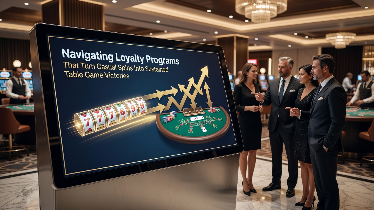 Players reviewing loyalty rewards at a casino table game area