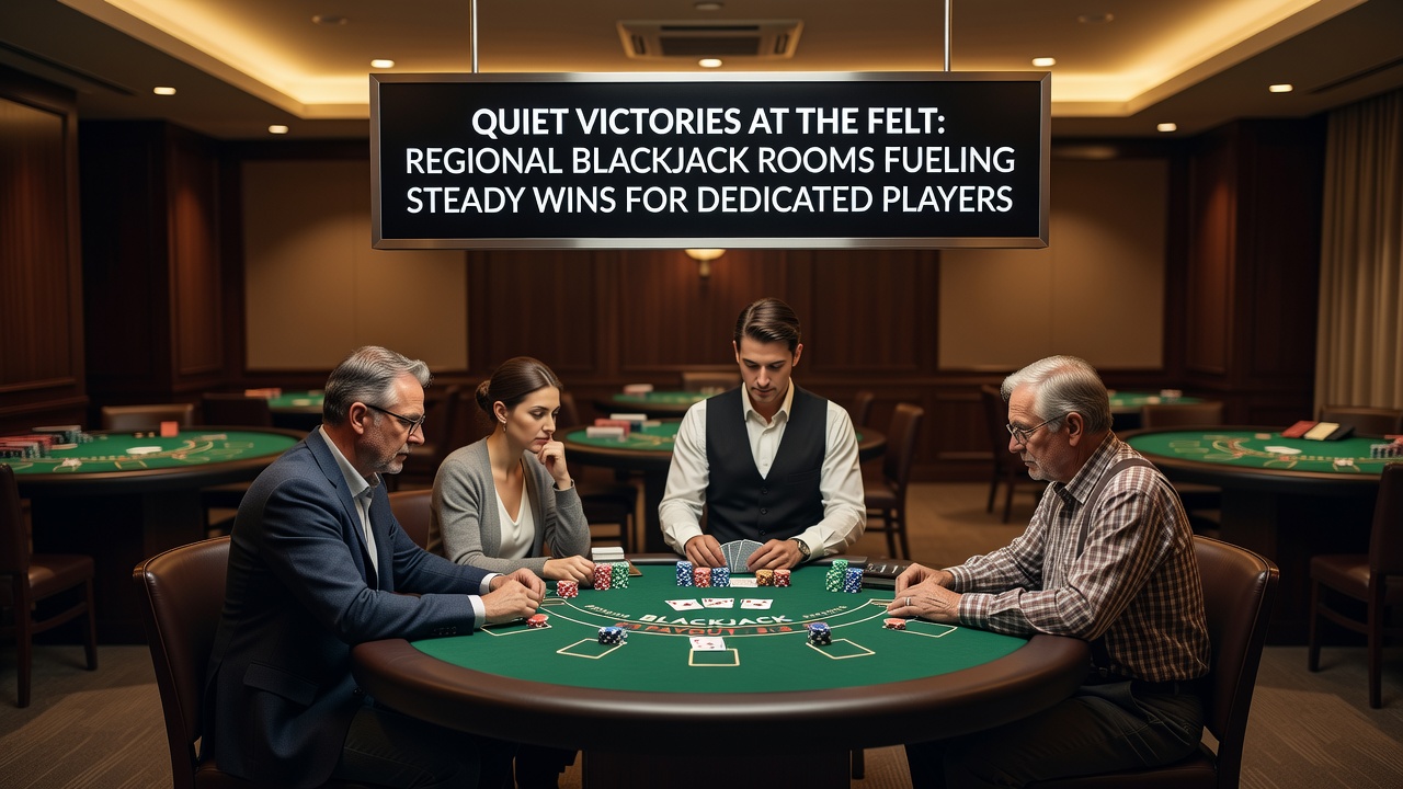 Close-up view of blackjack table layout with chips and cards in a regional card room