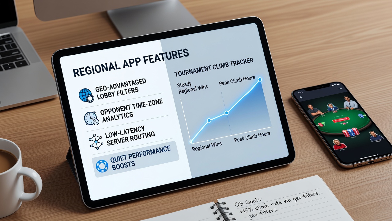 Mobile screen displaying regional leaderboard updates and performance analytics for virtual poker tournaments