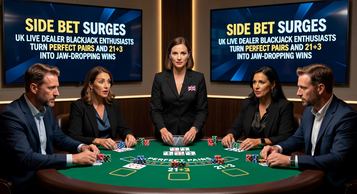 Close-up of a 21+3 side bet payout screen displaying a flush royal payout at 100-to-1, with dealer cards and player excitement in the background